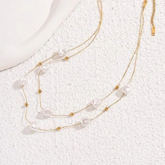 18k Gold Plated Stainless Steel Double Layer Pearl Patchwork Necklace - Picture 4 of 6